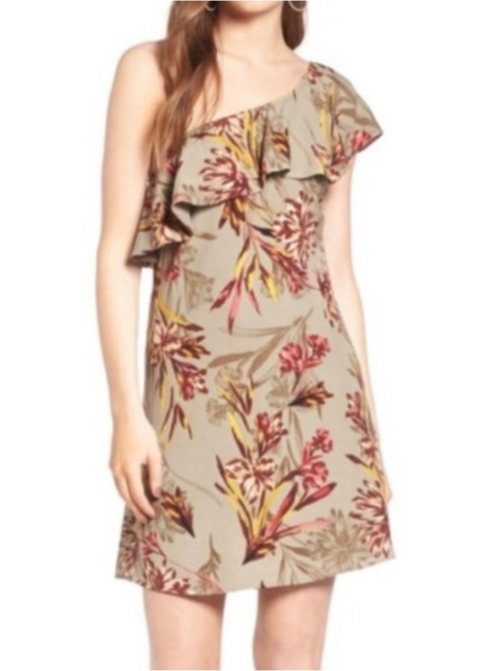 Astr One-Shoulder Floral Ruffle Dress - Beige/Green Multicolor